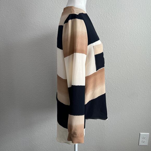 Joseph Ribkoff Striped Blouse Women's 6 Navy Blue Beige Hi-Lo Hem Button Down - Picture 7 of 7